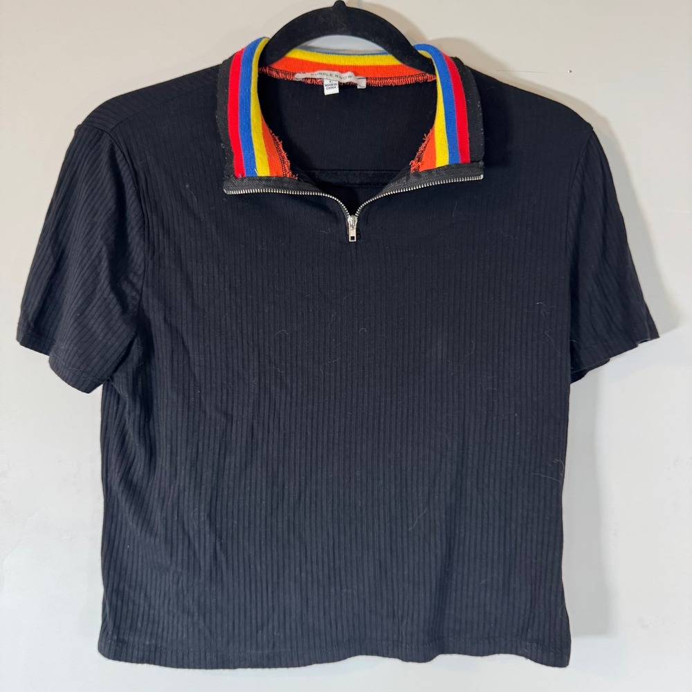 Purple Snow Black Cropped Ribbed Quarter Zip Polo Shirt Rainbow Collar Size L